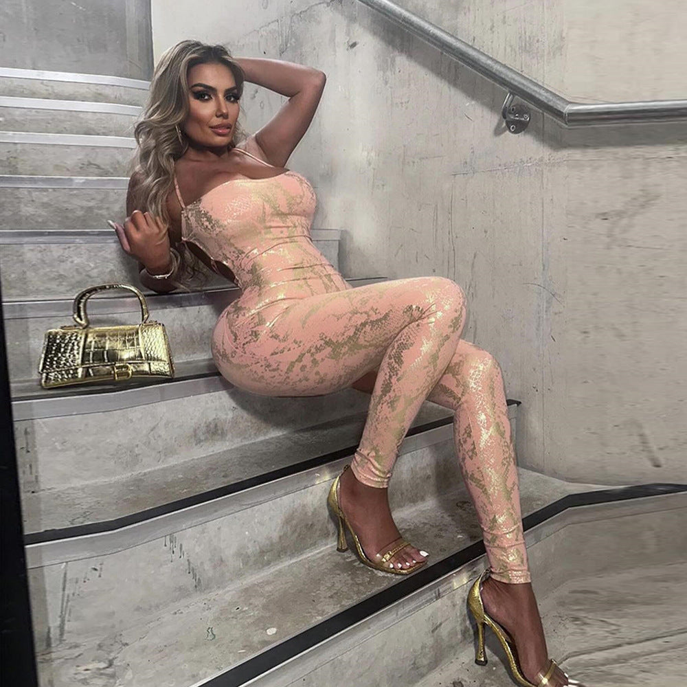 Sleeveless Backless Sexy Hot Girl Style Strap Metallic Gloss Jumpsuit