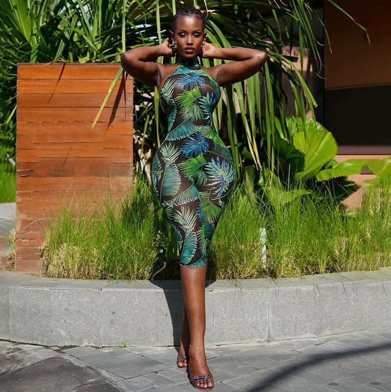 Summer New Personalized Leopard Print Sleeveless Halter Lace-up Tight Jumpsuit