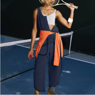 Women's Casual Solid Color Round Neck Sleeveless Elastic Waist With Pocket Jumpsuit