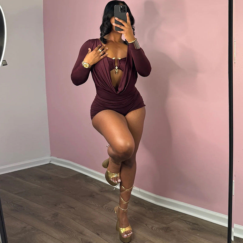 Deep V-neck Low Cut Solid Color Slim Fit Slimming Jumpsuit
