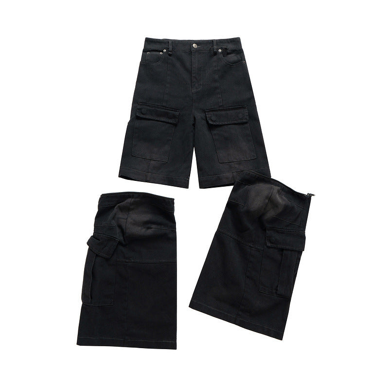 Detachable Worn Looking Washed-out Multi-pocket Detachable Two-way Wear Micro-pull Overalls