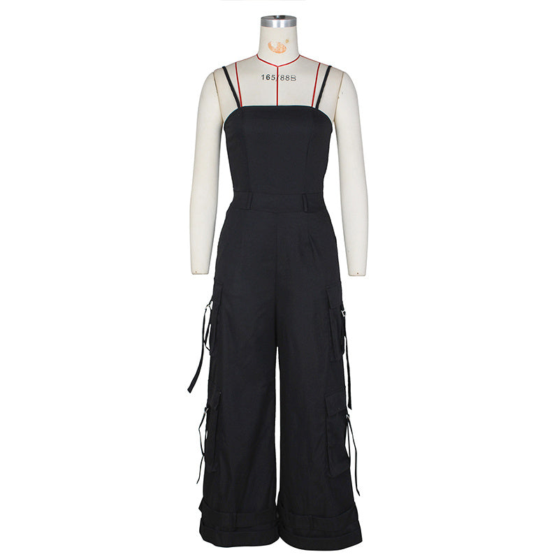 Women's Solid Color Sleeveless Jumpsuit - Wide Leg Romper With Adjustable Hem & 4 Pockets Summer Casual Outfit