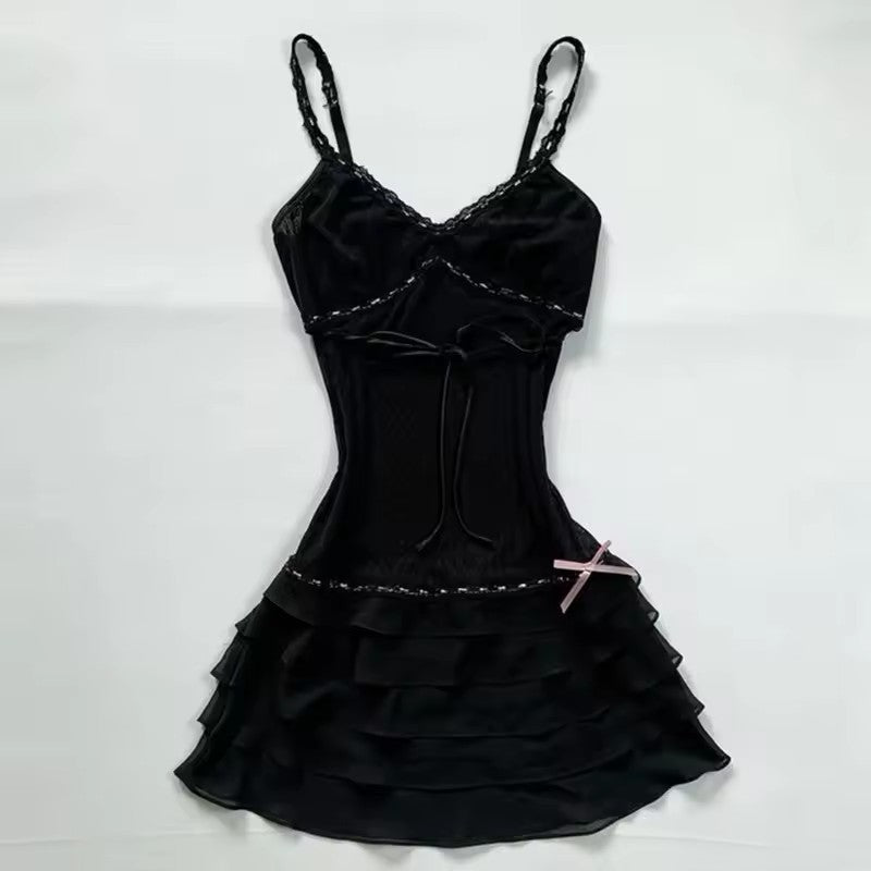 Summer New French Hot Girl Sweet And Spicy Style Bow V-neck Tight Waist A- Line Skirt