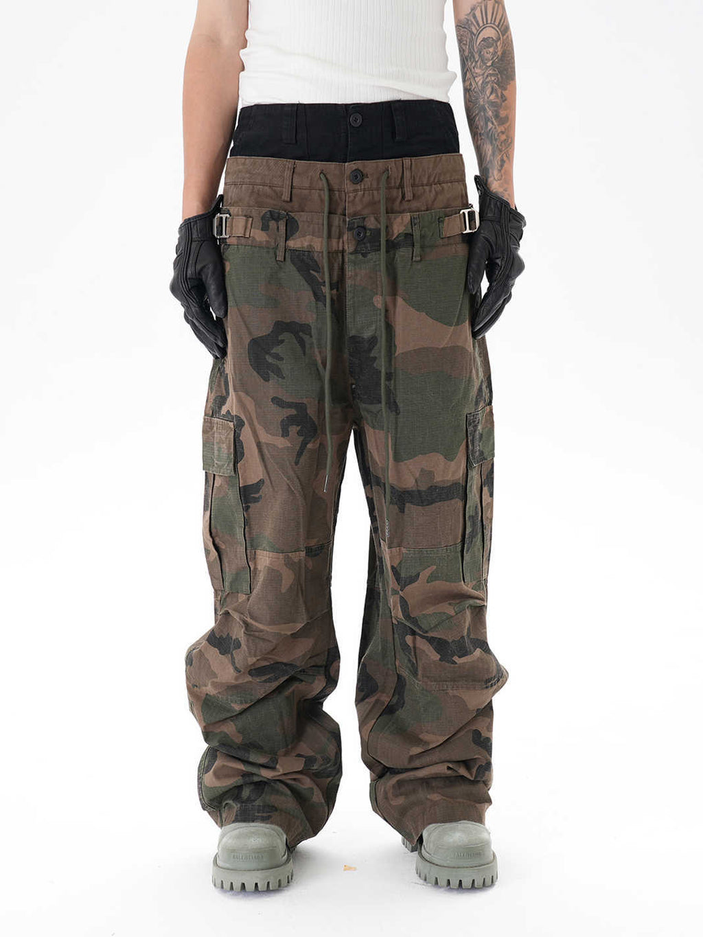 Stitching Three-layer Wide-leg Multi-pocket Camouflage Workwear Casual Pants