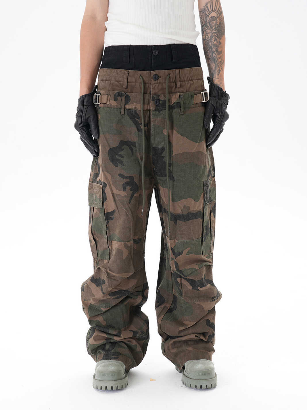 Stitching Three-layer Wide-leg Multi-pocket Camouflage Workwear Casual Pants