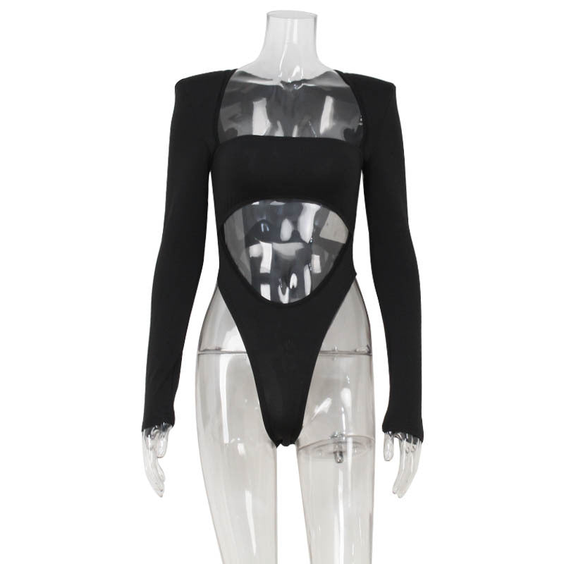 Long Sleeve Tube Top Hot Hollow Design High Waist Padded Shoulder Women's Jumpsuit