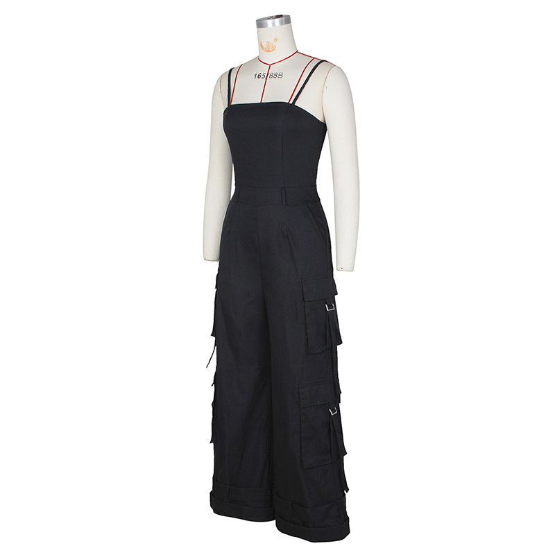 Women's Solid Color Sleeveless Jumpsuit - Wide Leg Romper With Adjustable Hem & 4 Pockets Summer Casual Outfit