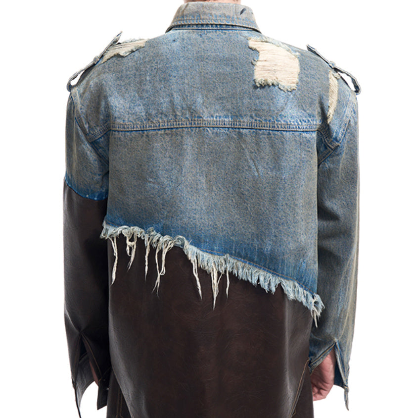 American Retro Distressed Leather Patchwork Destroyed Denim Coat Men's Autumn And Winter Dirty Jacket