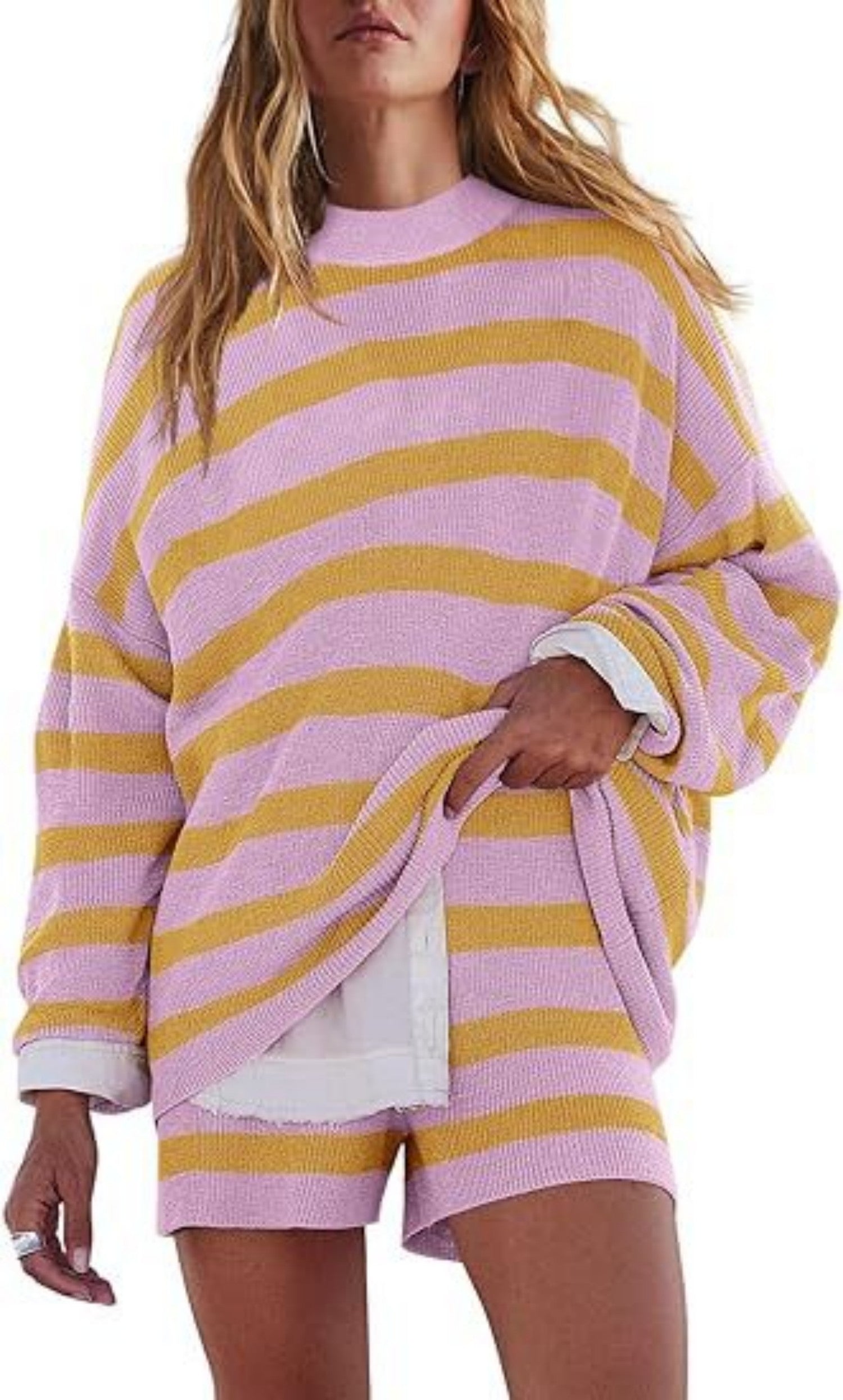 2-piece Striped Long Sleeved Sweater Set