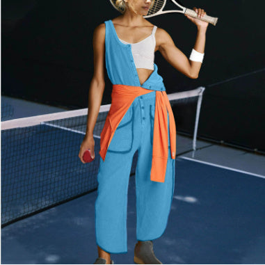 Women's Casual Solid Color Round Neck Sleeveless Elastic Waist With Pocket Jumpsuit