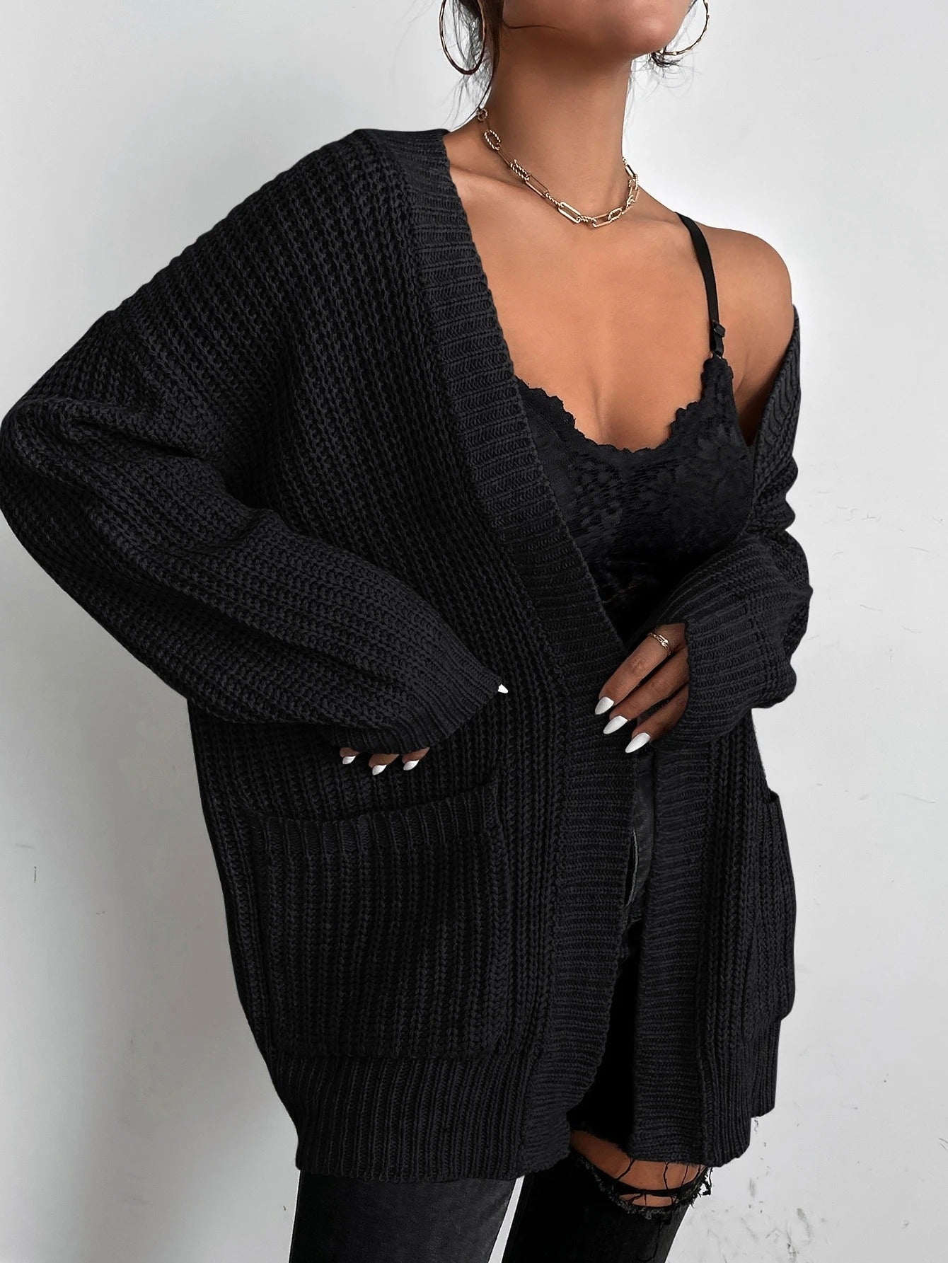 Chiquease Solid Dual Pockets Ribbed Knit Cardigan