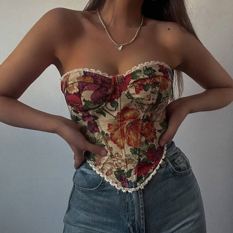 Chest Wrap Flounce Trim Lace Up French Minority Fishbone Drawstring Slim-fit Vest