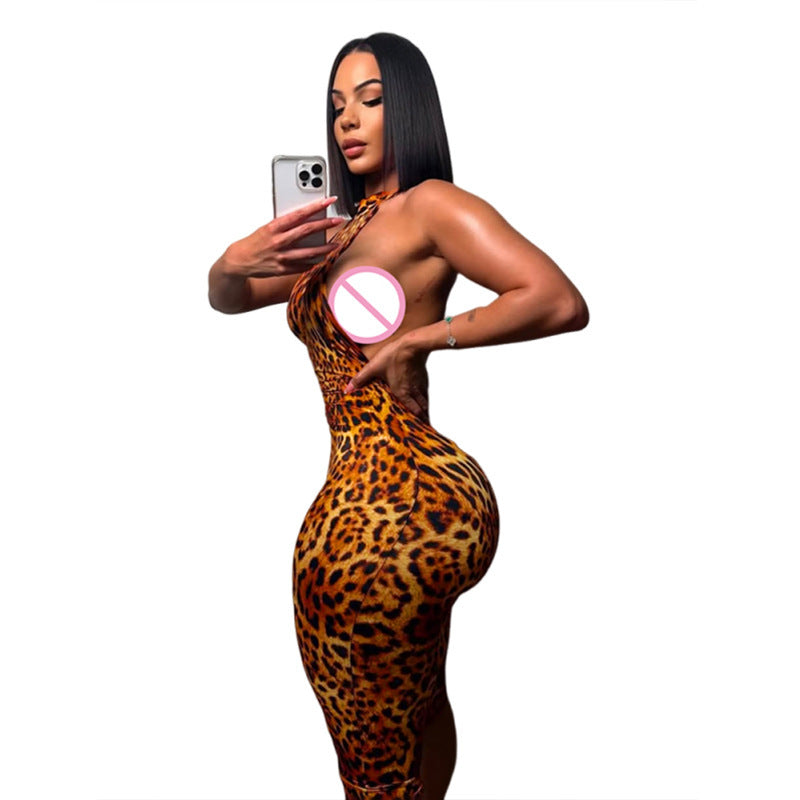 Summer New Personalized Leopard Print Sleeveless Halter Lace-up Tight Jumpsuit