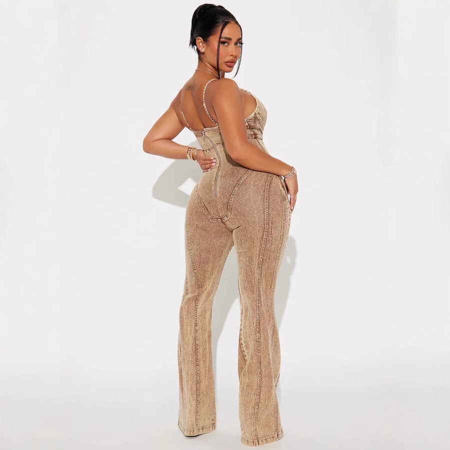 Women's Fashion Hollowed-out Lace-up Girdle Denim Jumpsuit