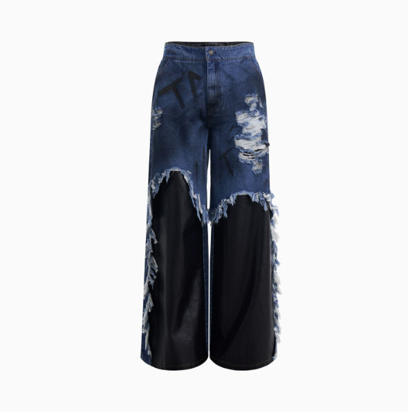 Hand Painted Letters Dirty Dyed Raw Hem Ripped Straight-leg Pants