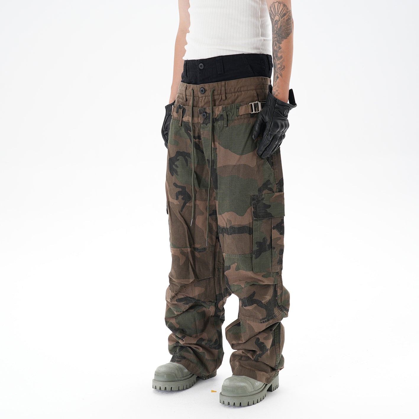 Stitching Three-layer Wide-leg Multi-pocket Camouflage Workwear Casual Pants