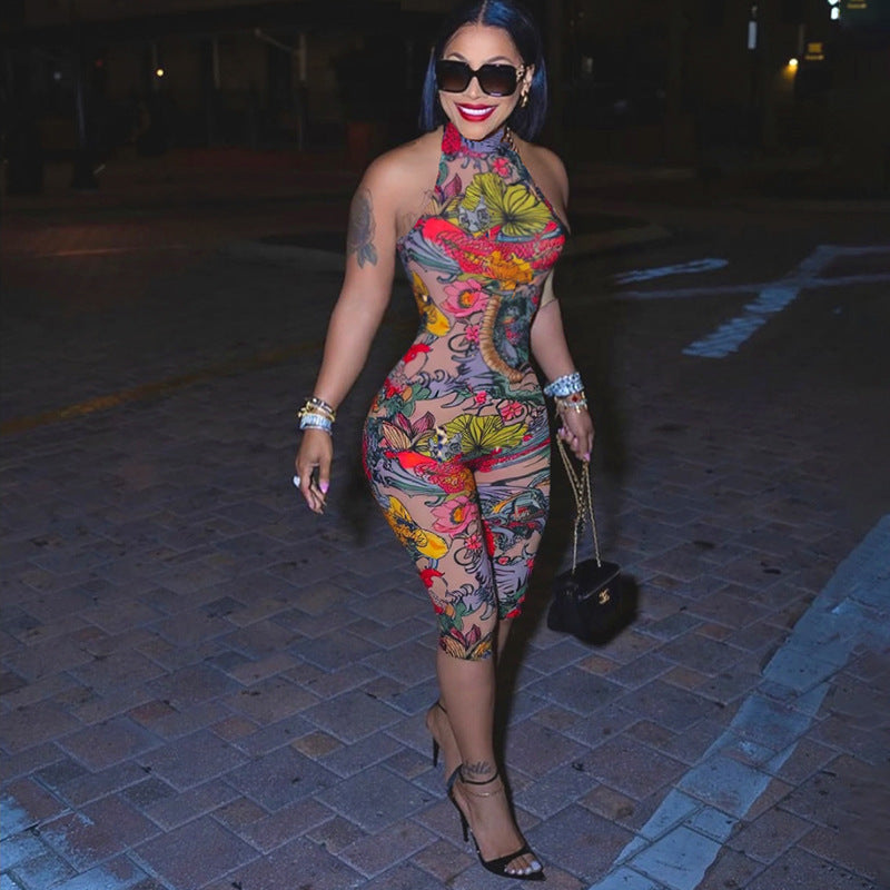 Summer New Personalized Leopard Print Sleeveless Halter Lace-up Tight Jumpsuit