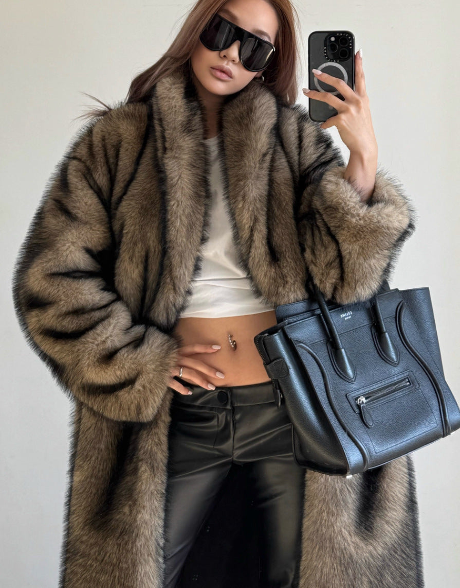 Extended Green Collar Fashion Fox Fur Fur Coat