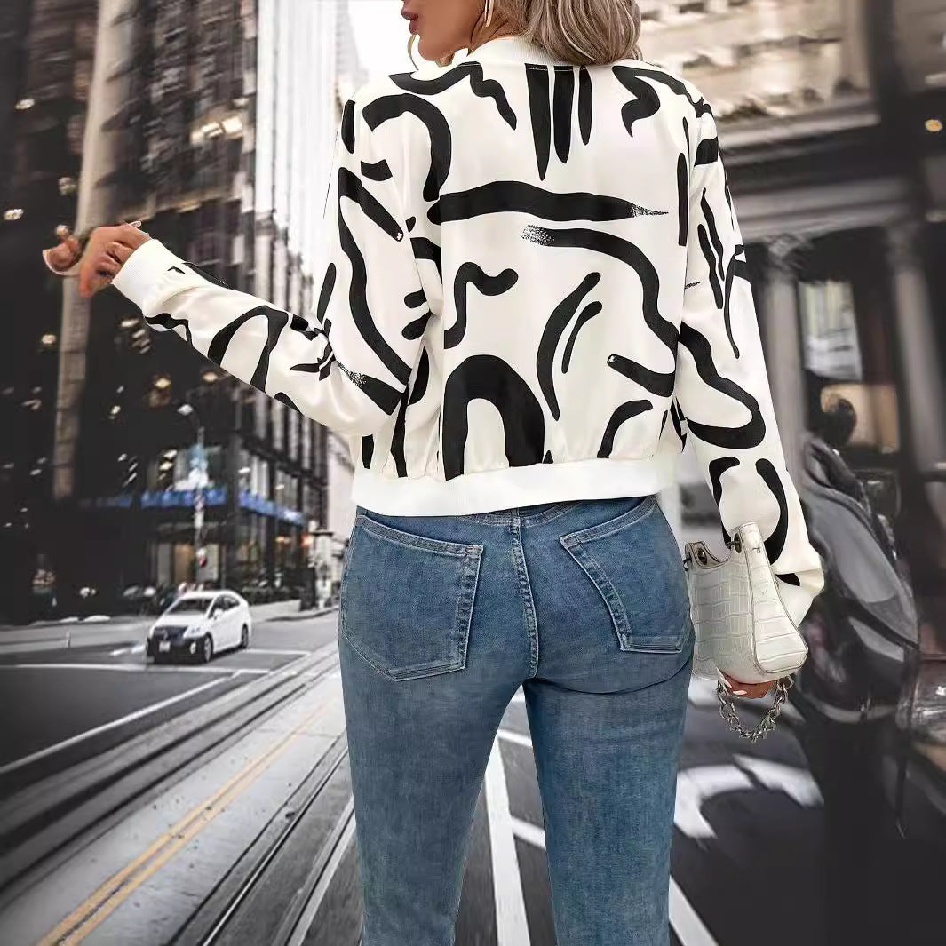 Women's Printed Zipper Baseball Jacket Casual