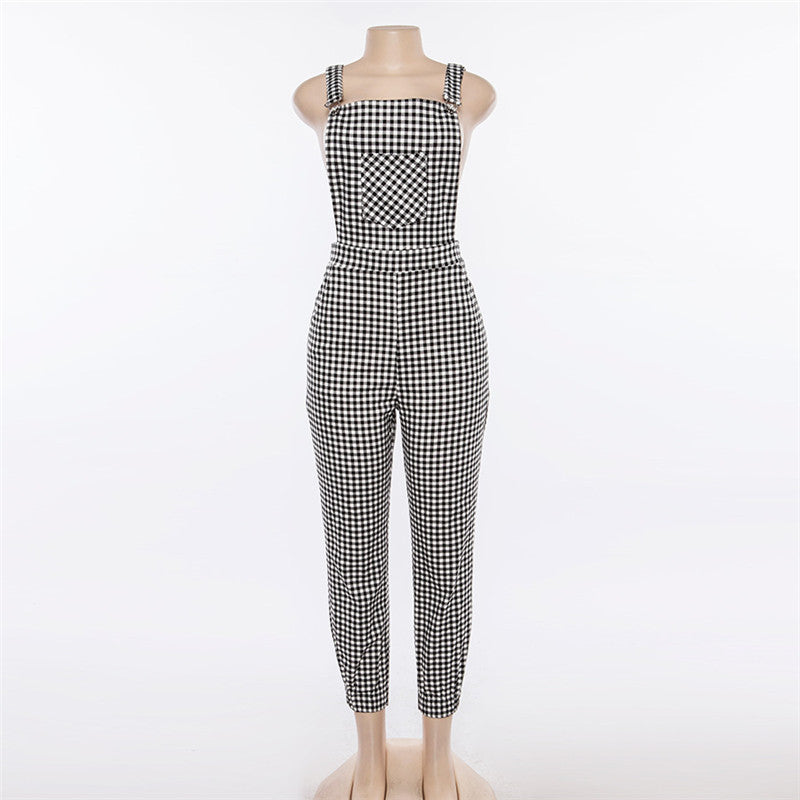 Women's New Fashion Plaid Suspender Ankle-tied Jumpsuit