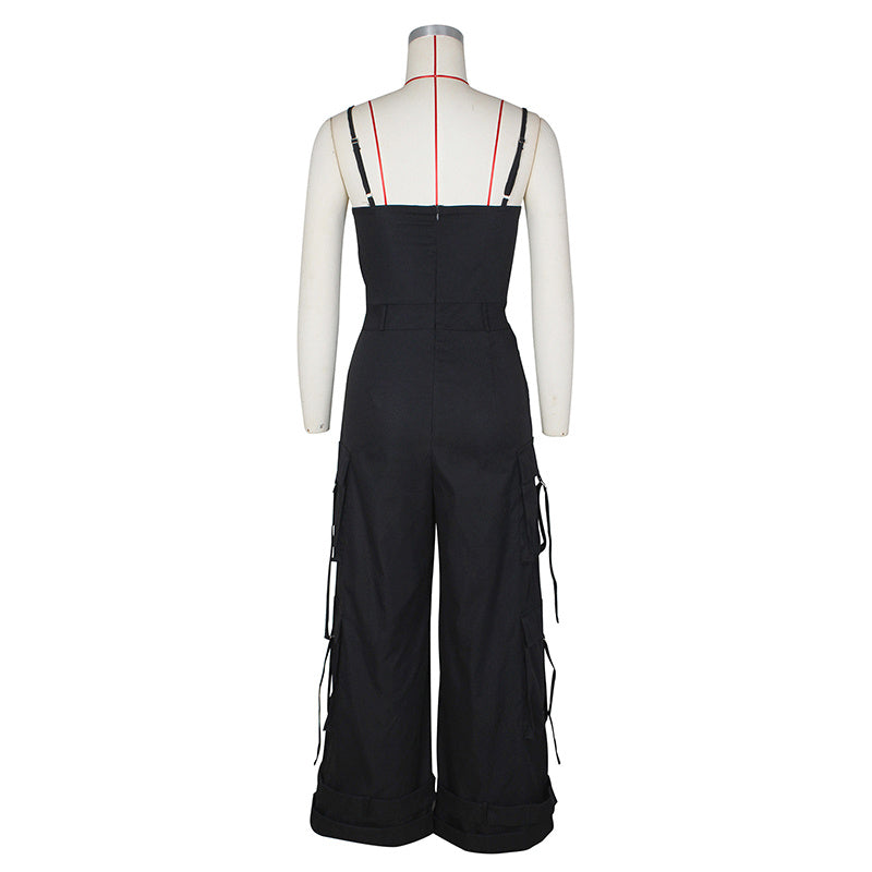Women's Solid Color Sleeveless Jumpsuit - Wide Leg Romper With Adjustable Hem & 4 Pockets Summer Casual Outfit