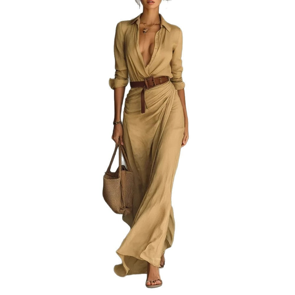 Women's Elegant Solid Color Irregular Folds Containing Belt Dress