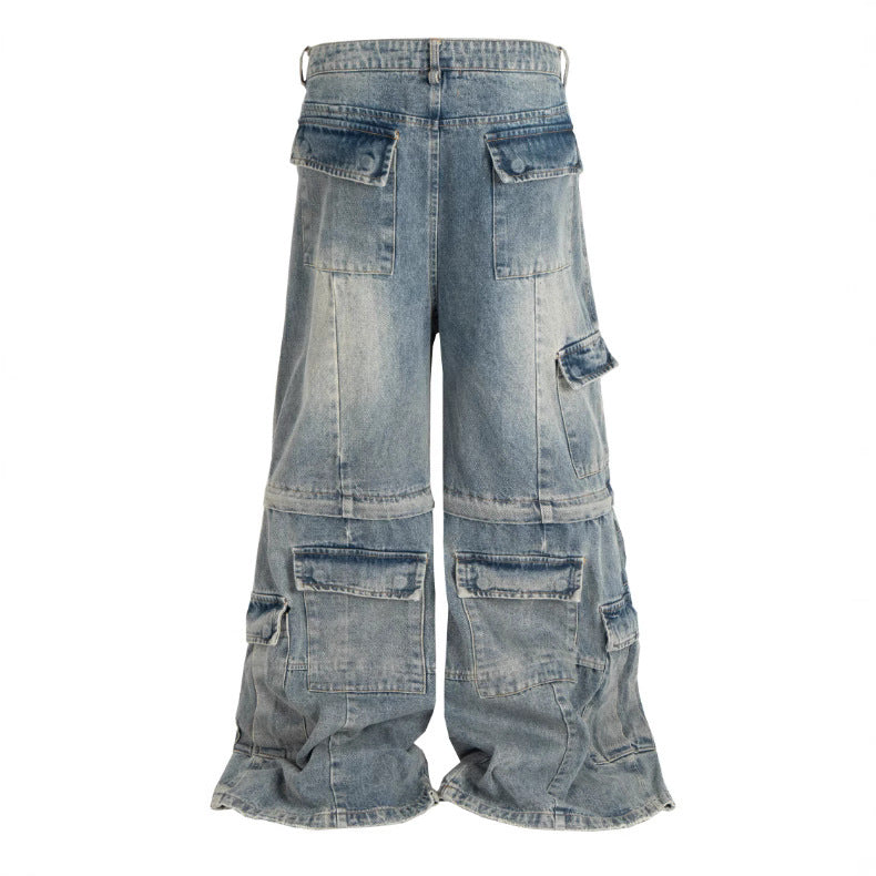 Detachable Worn Looking Washed-out Multi-pocket Detachable Two-way Wear Micro-pull Overalls