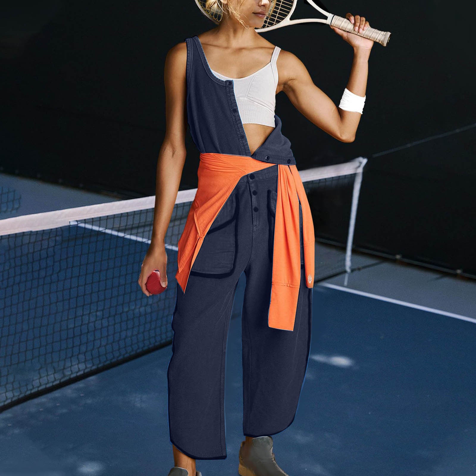 Women's Casual Solid Color Round Neck Sleeveless Elastic Waist With Pocket Jumpsuit