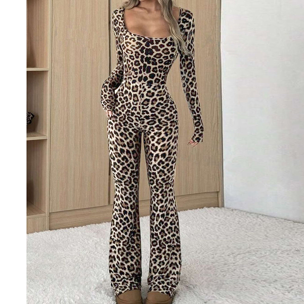 Women's Slim-fit Hip-wrapped Square Collar Leopard Print Jumpsuit