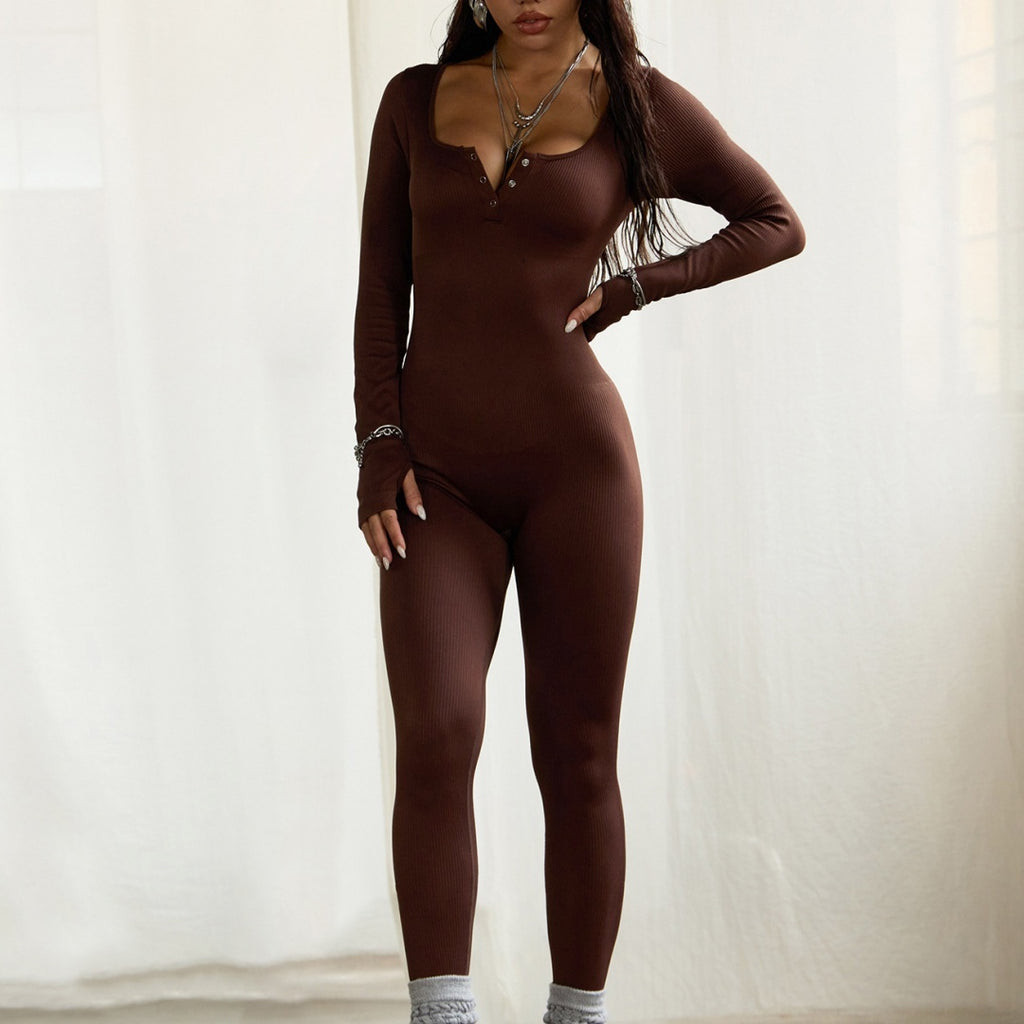 Women's Sports Fitness Square Collar Button Long Sleeve Yoga Jumpsuit