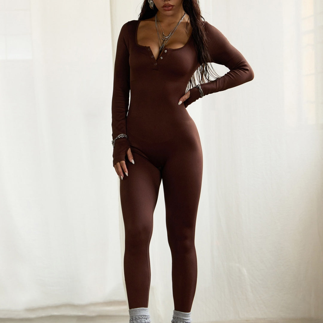 Women's Sports Fitness Square Collar Button Long Sleeve Yoga Jumpsuit