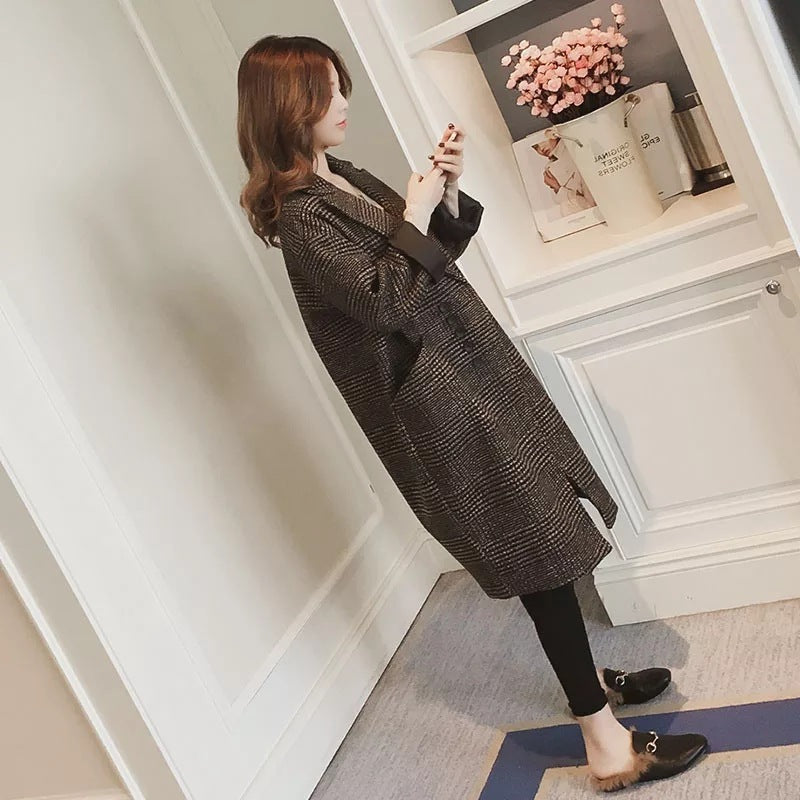 Fleece-lined Padded Coat Mid-length Plaid Wool Coat