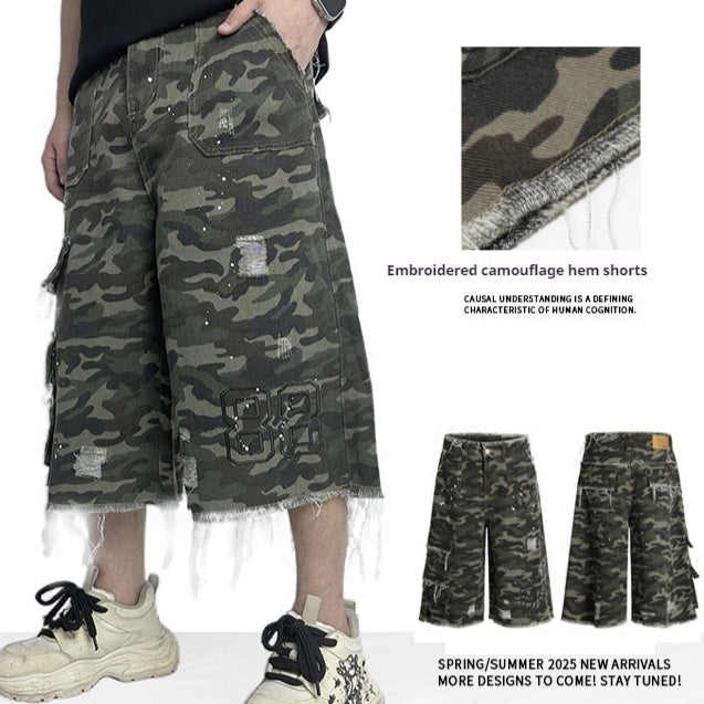 Camouflage Casual Shorts Workwear Wide Leg Burrs Set Trendy Shorts