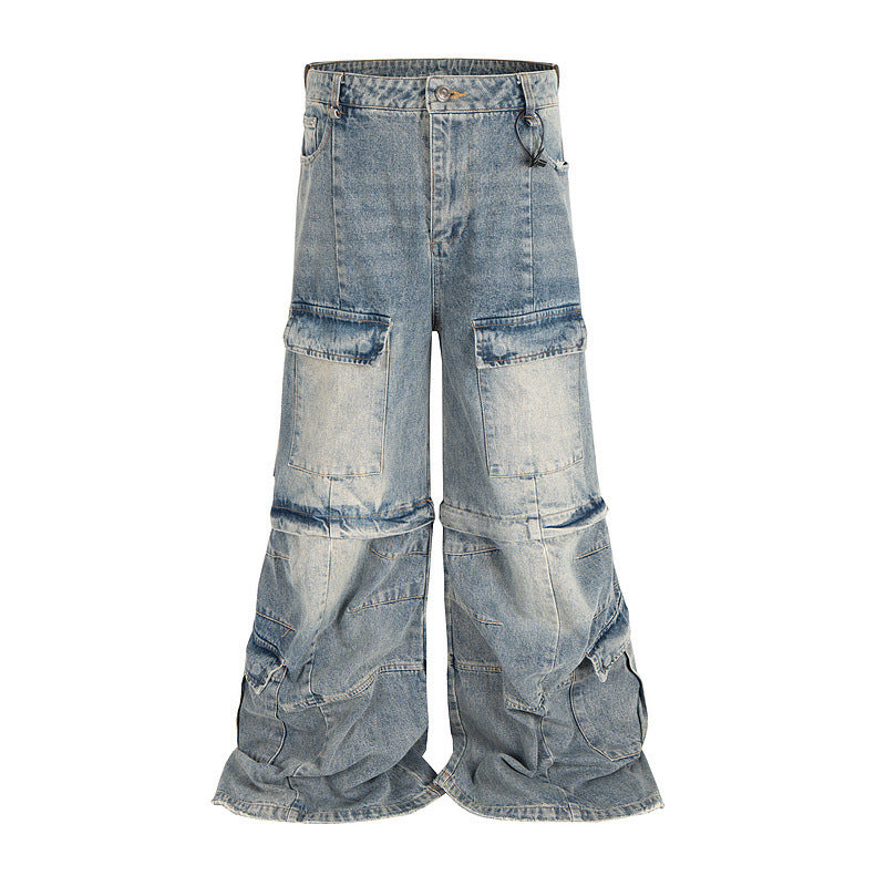 Detachable Worn Looking Washed-out Multi-pocket Detachable Two-way Wear Micro-pull Overalls