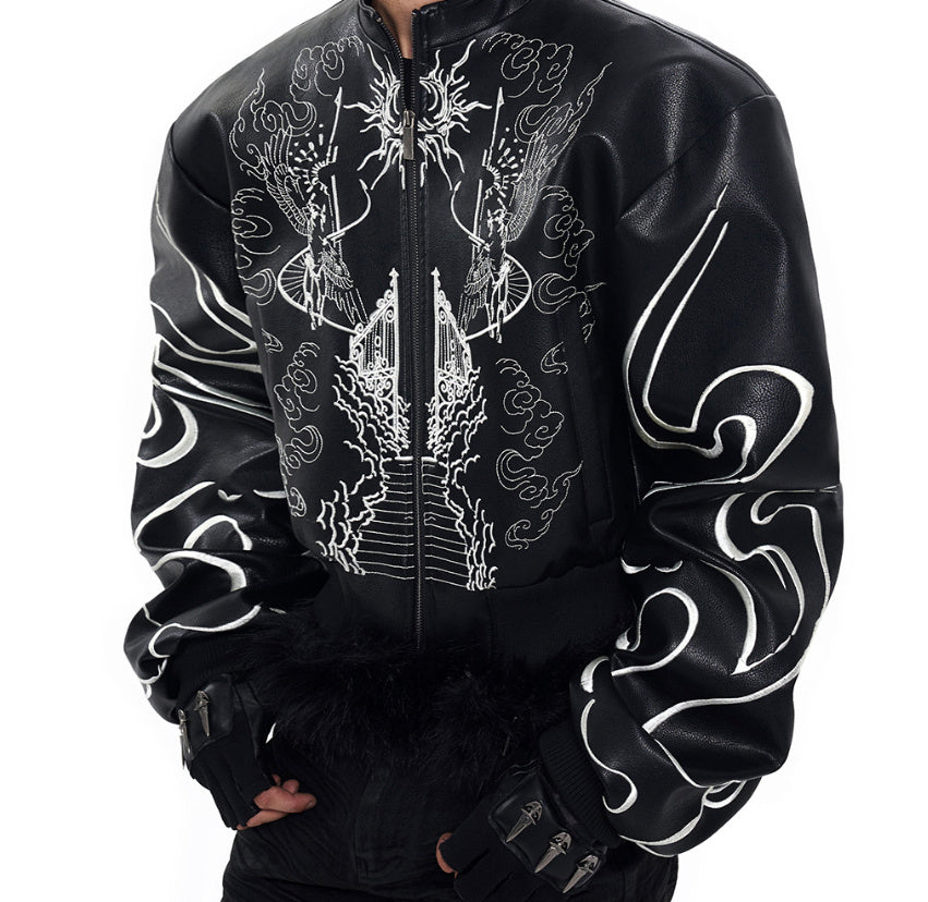 Design Back Embroidery Short Leather Coat