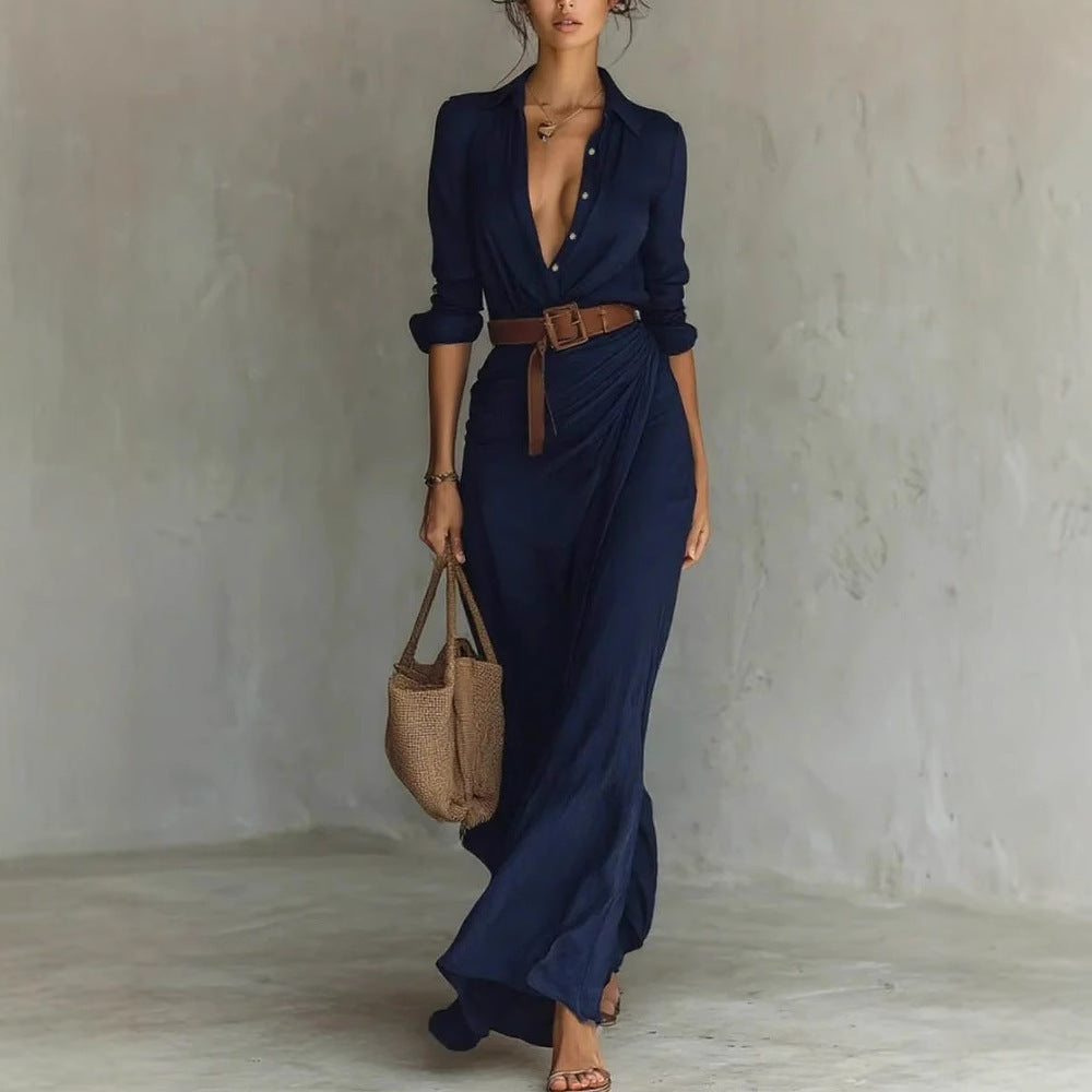 Women's Elegant Solid Color Irregular Folds Containing Belt Dress