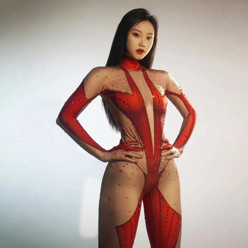 Full Diamond Long-sleeved One-piece Trousers Fake Meat-exposed