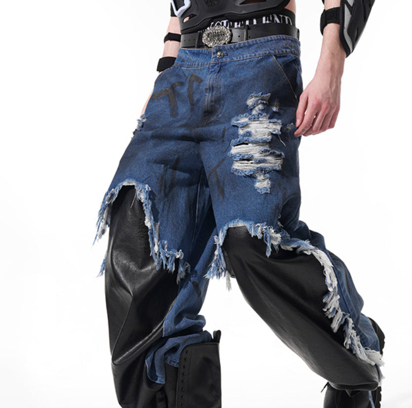 Hand Painted Letters Dirty Dyed Raw Hem Ripped Straight-leg Pants