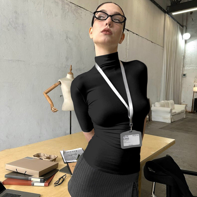 Women's Solid Color Turtleneck Half Sleeve Close-fitting And Slim-fitting Top