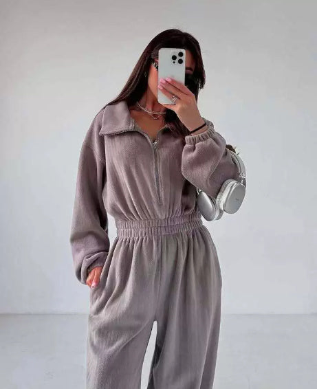 Long Sleeve Jumpsuit Women's Casual Half Cardigan Elastic Waist Suit