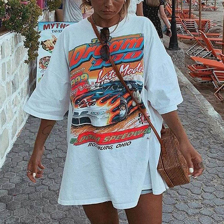 Letter Print Round Neck T-shirt Women Short-sleeved Loose White T-shirt