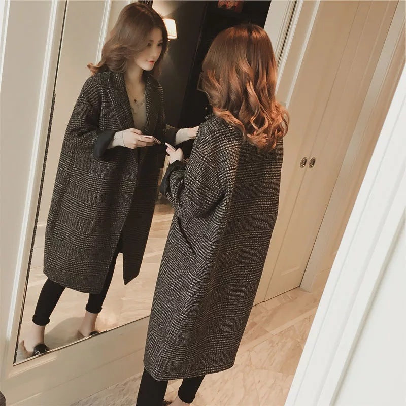 Fleece-lined Padded Coat Mid-length Plaid Wool Coat