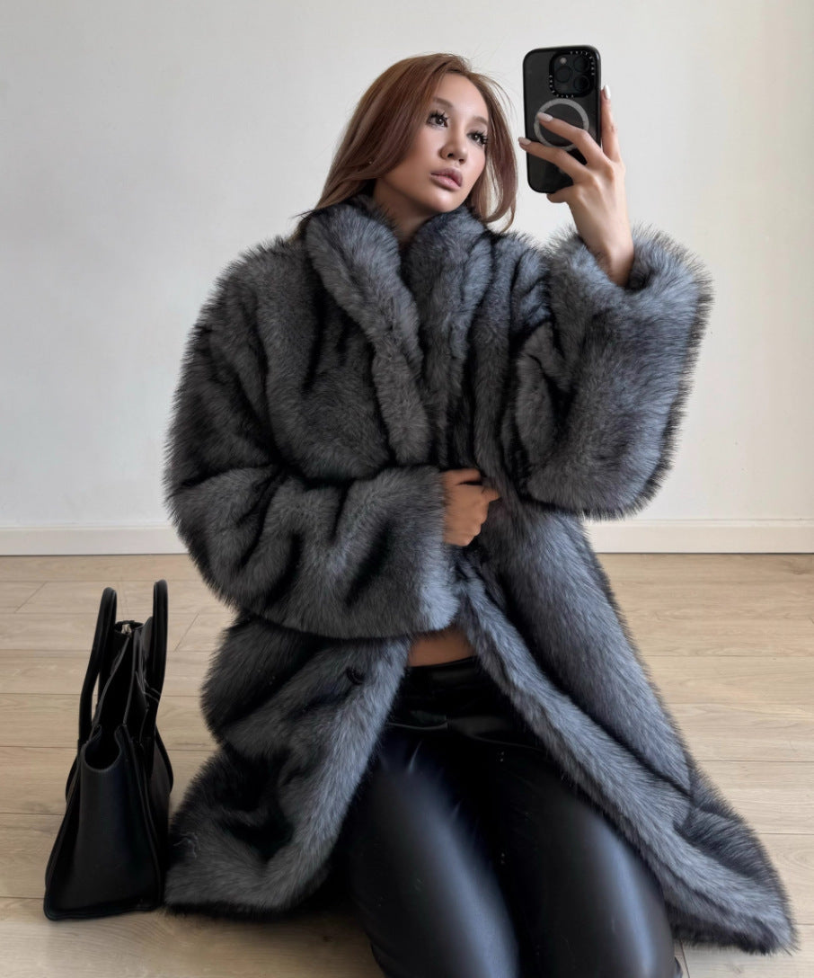 Extended Green Collar Fashion Fox Fur Fur Coat