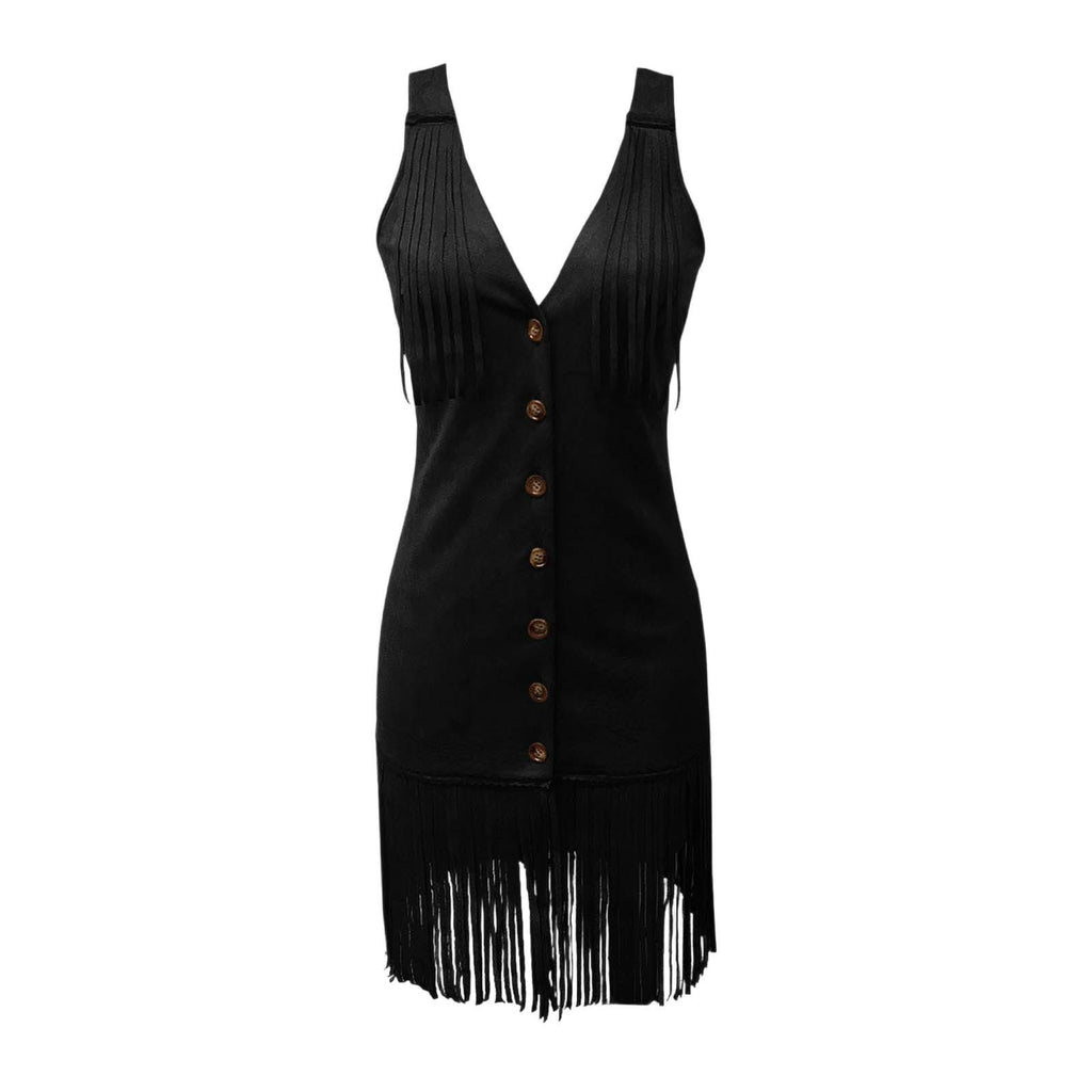 Women's Western Style Vest Dress - V-Neck Button Front Mini Dress With Fringe Detail Summer Wear