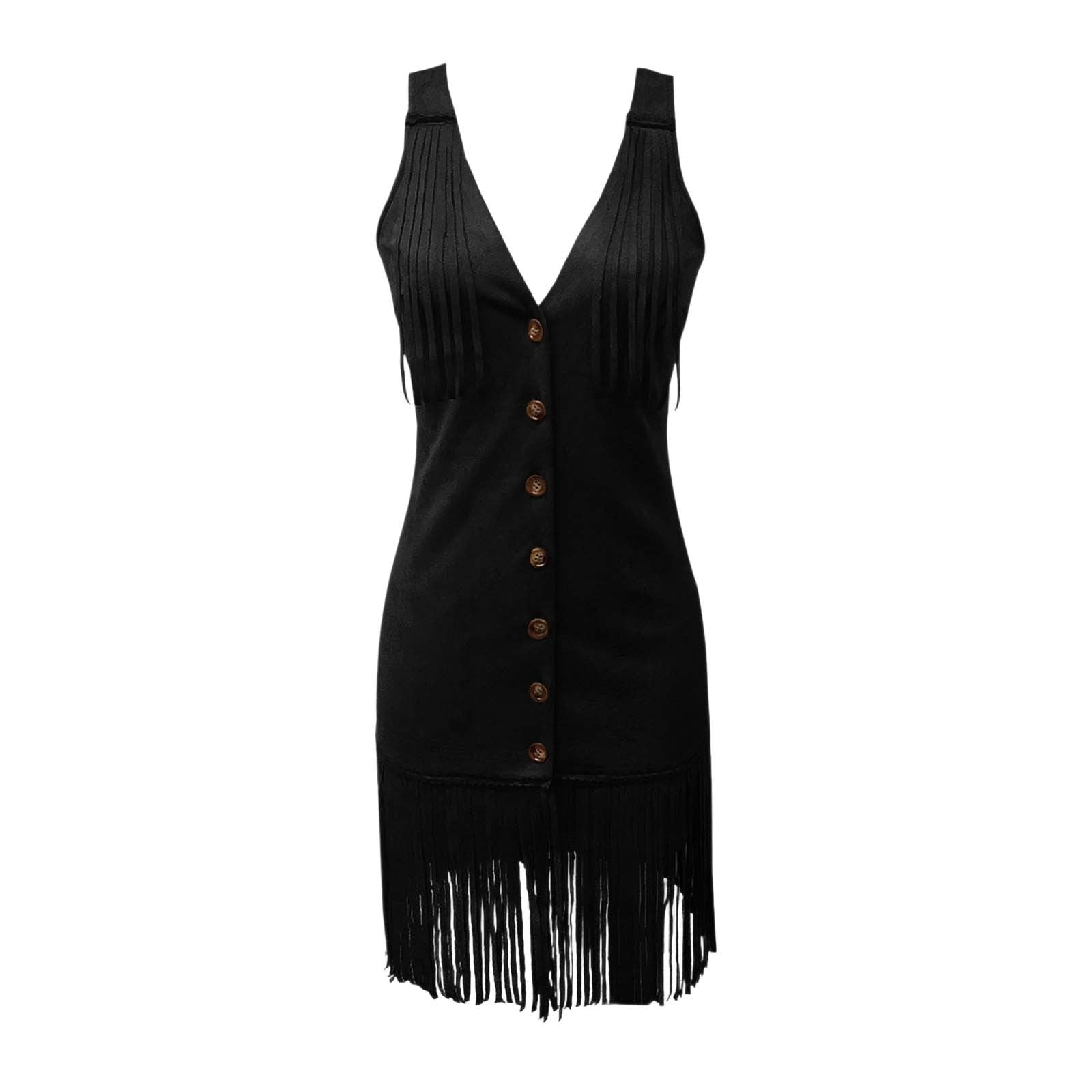 Women's Western Style Vest Dress - V-Neck Button Front Mini Dress With Fringe Detail Summer Wear