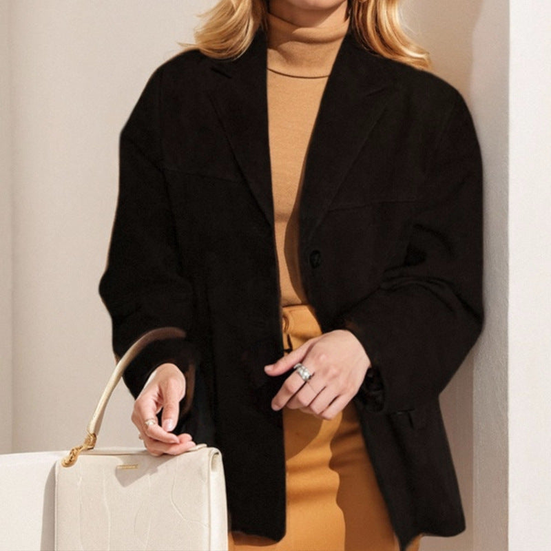 Elegance Retro Brown Loose Pockets Long Sleeve Suit Coat