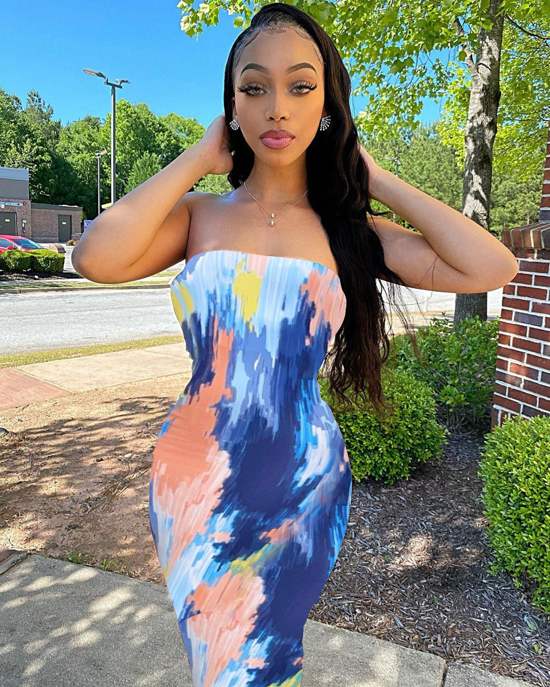 Women's Color Tie-dyed Off-shoulder Tube Coat And Dress