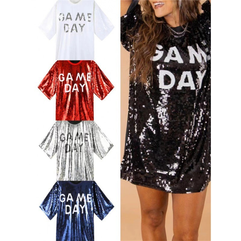 Sequined Short-sleeved Top Loose Plus Size T-shirt For Women Game Day Football Sunday