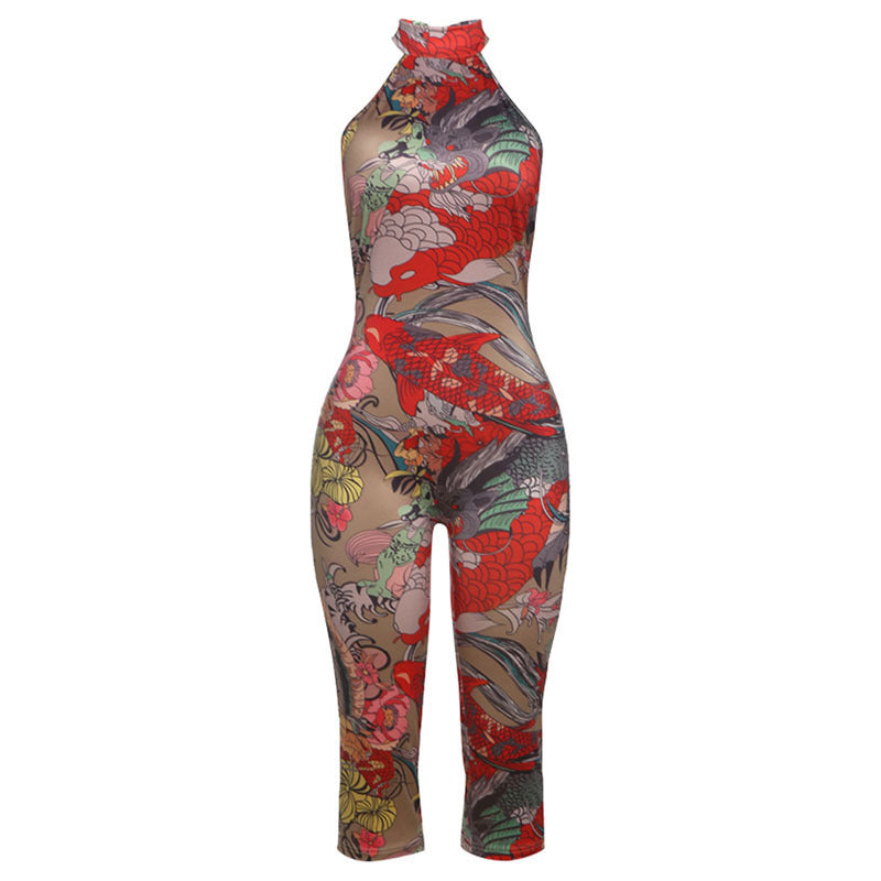 Summer New Personalized Leopard Print Sleeveless Halter Lace-up Tight Jumpsuit