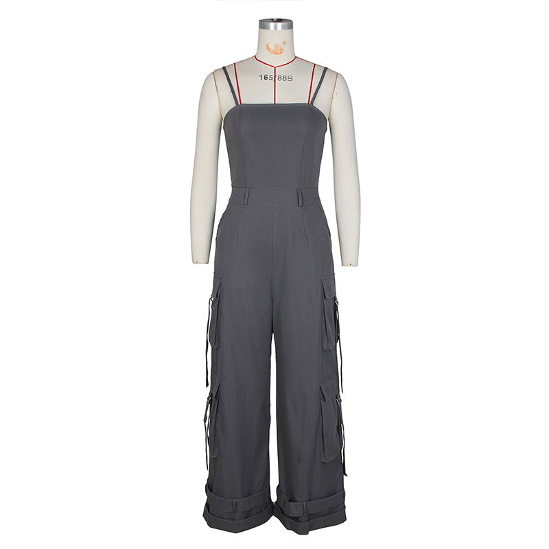 Women's Solid Color Sleeveless Jumpsuit - Wide Leg Romper With Adjustable Hem & 4 Pockets Summer Casual Outfit